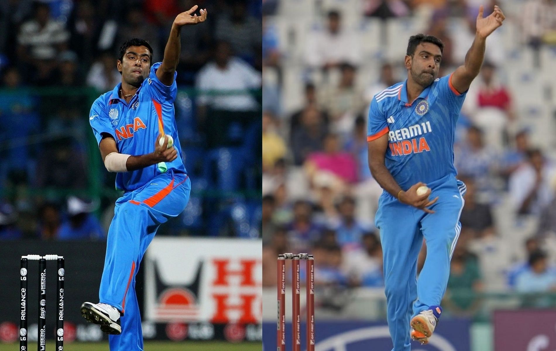 (Left) Ravichandran Ashwin during the 2011 World Cup and (right) during the 2023 ODI series against Australia. (Pic: Getty Images & AP)