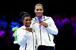 WATCH: Simone Biles does a happy dance with Shilese Jones after claiming all-around gold at World Artistic Gymnastics Championships