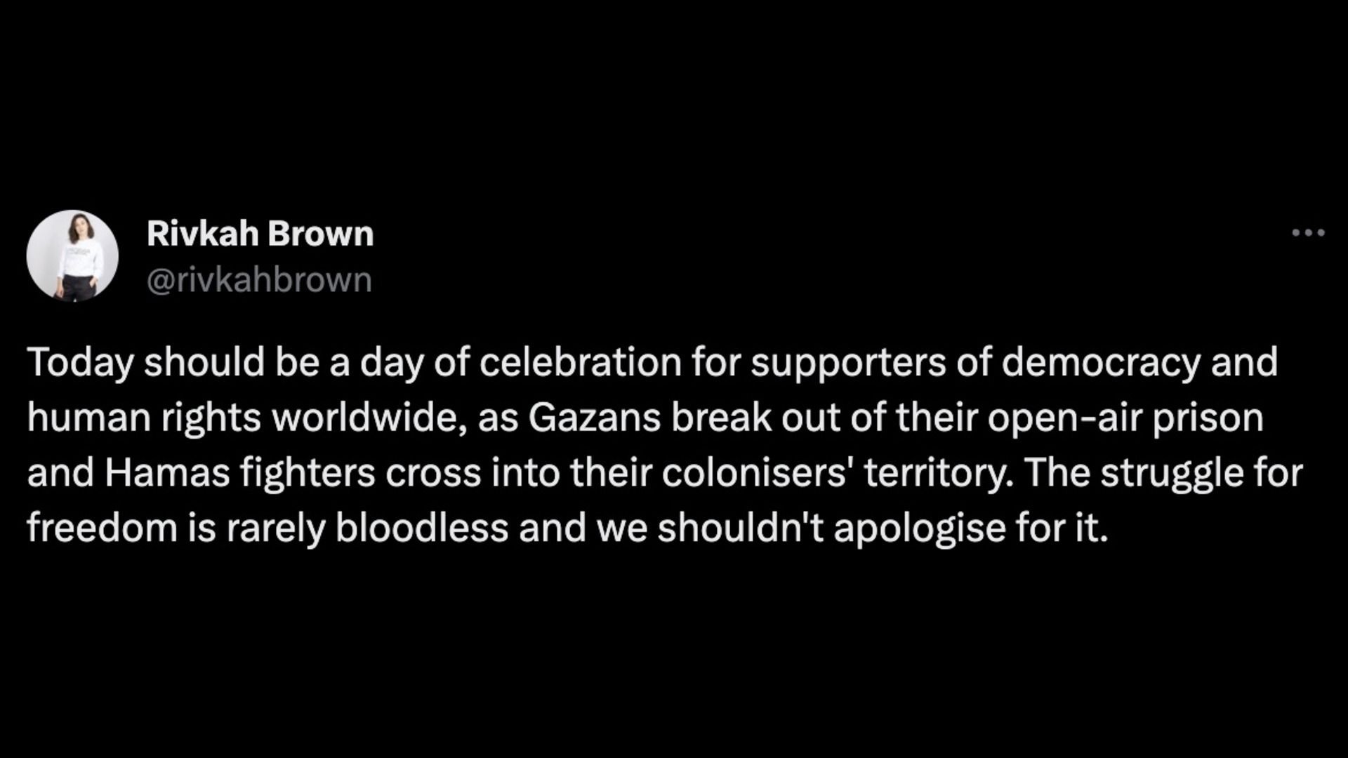 Rivkah Brown&#039;s tweet about the Hamas attack on Israel. (Image via Twitter/@rivkahbrown)