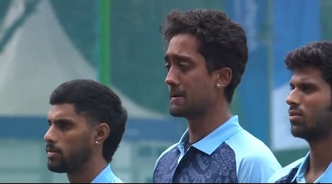 [Watch] India's R Sai Kishore breaks down during national anthem before Asian Games quarterfinal against Nepal