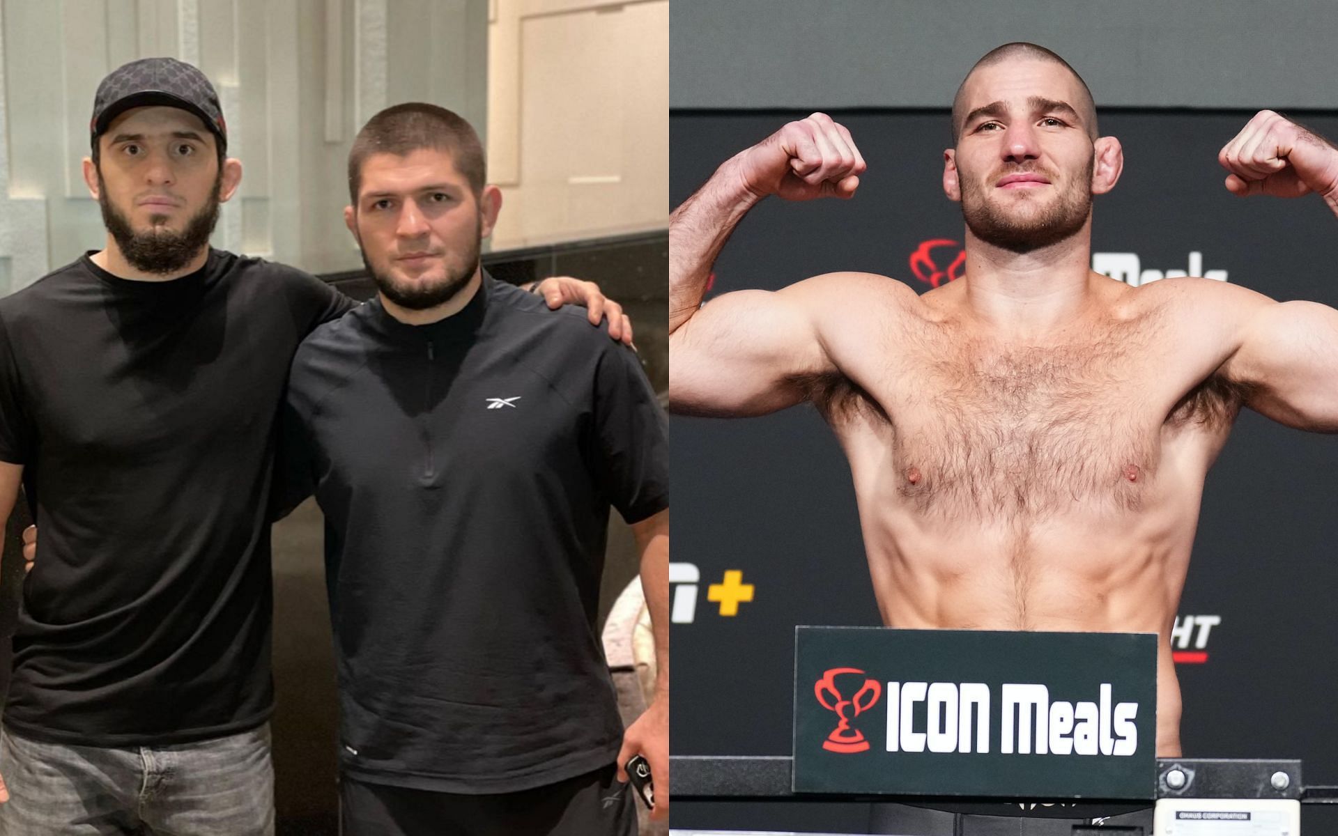 Islam Makhachev with Khabib Nurmagomedov and Sean Strickland [Image credits: Getty Images and @islam_makhachev on Instagram]