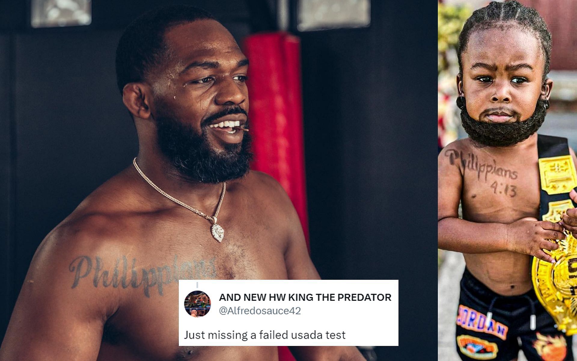 Jon Jones (left) and the kid dressed as Jones for Halloween (right) (Images via @jonnybones Instagram)