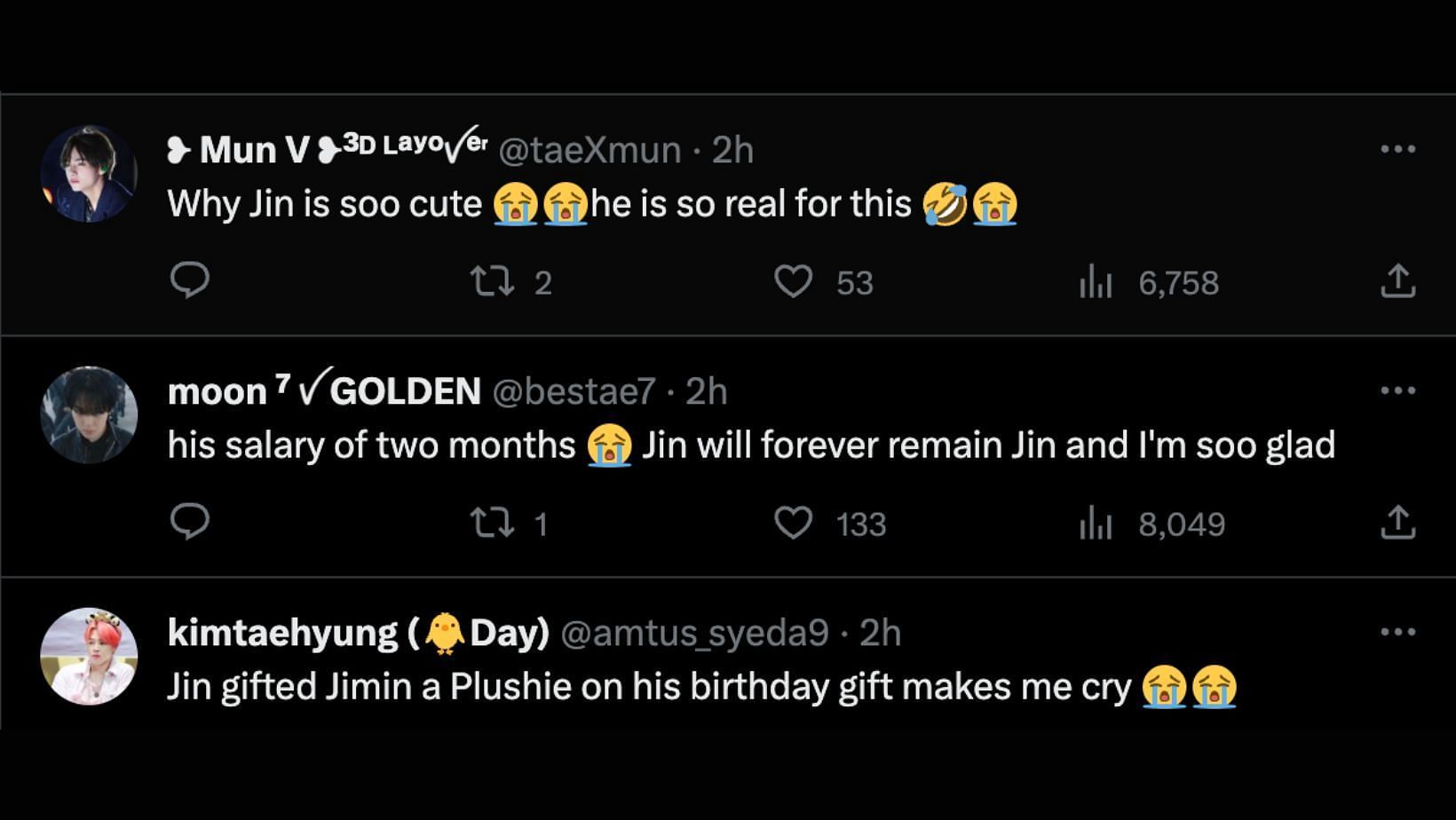 Fans react to Jin&#039;s birthday present to his younger team member. (Image via X/@taeXmun, @bestae7, @amtus_syeda9)