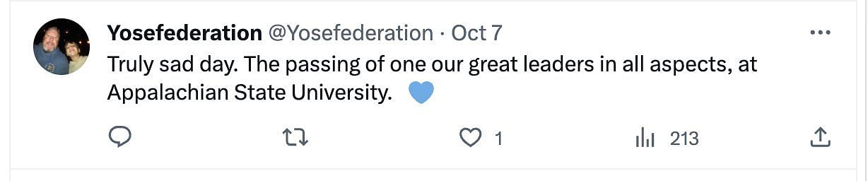 Social media users mourn the loss of Dr. Peacock, as the Former Appalachian State chancellor passes away untimely. (Image via Twitter)