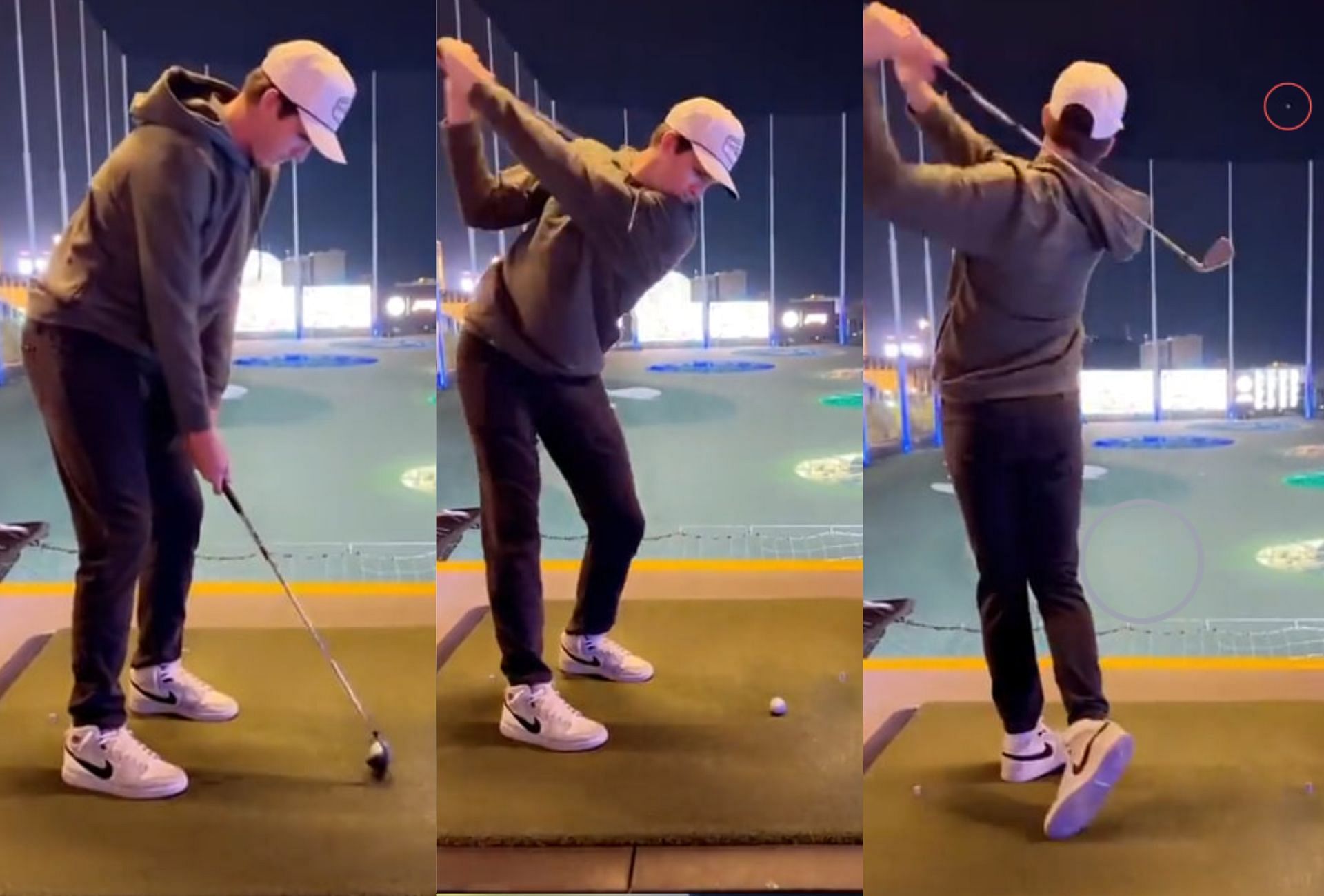 Austin Reaves hitting a left-handed iron (Image via X @JoePompliano).