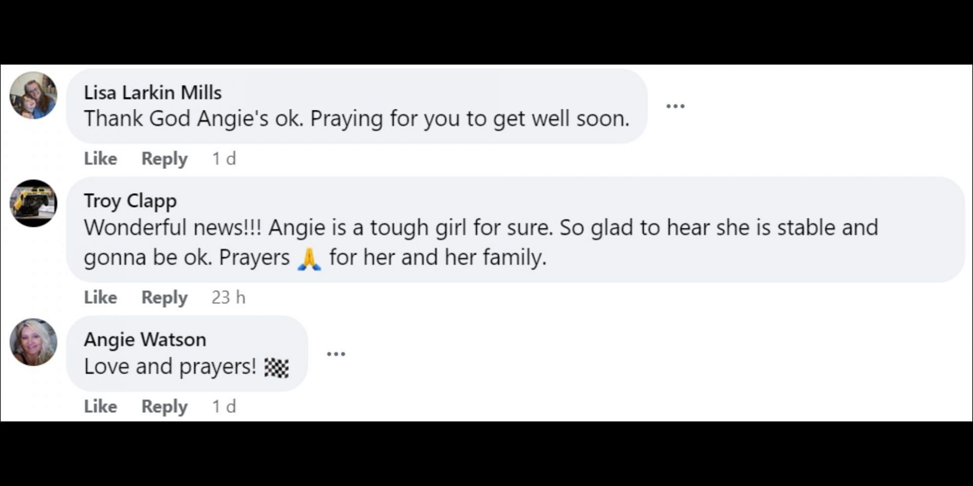 Fans send their prayers for Angie and wish for her speedy recovery. (Image via Facebook/@angiesmithracing)