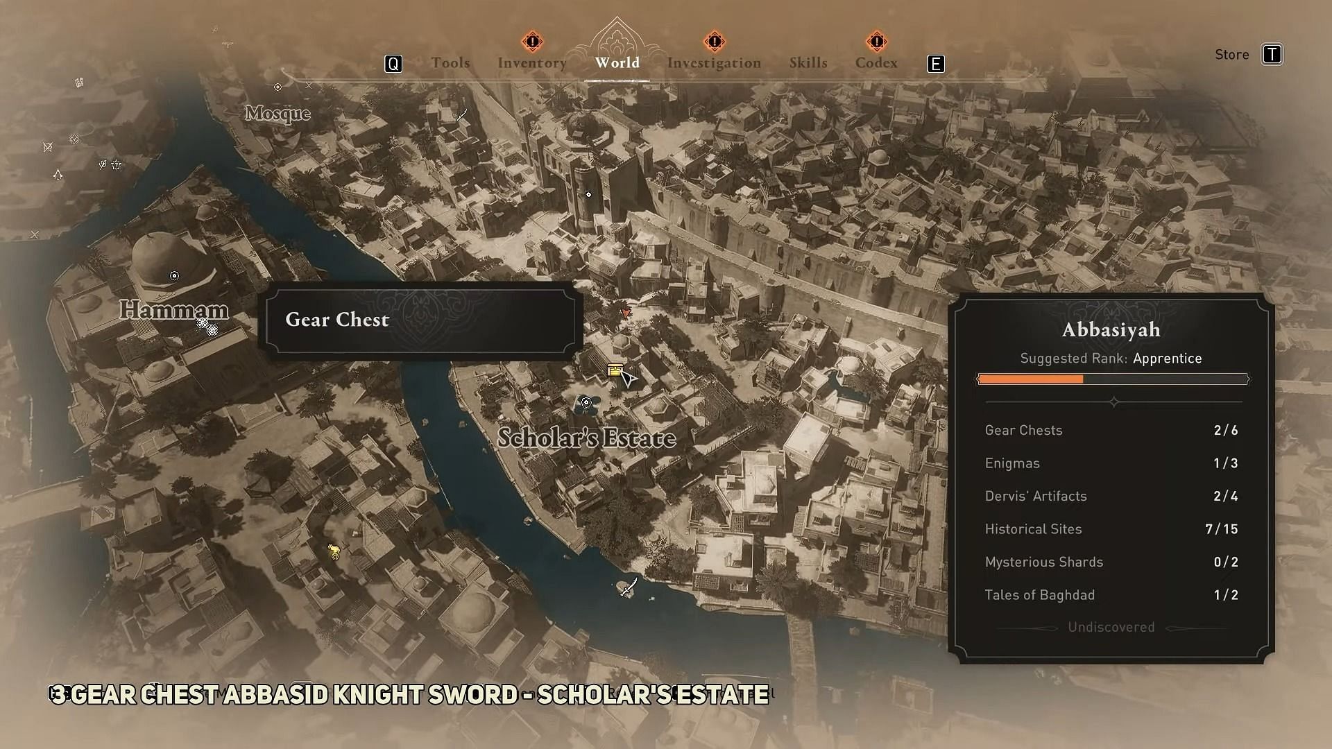 Scholar&rsquo;s Estate Gear Chest location in Assassin&#039;s Creed Mirage (Image via WoW Quests/YouTube)