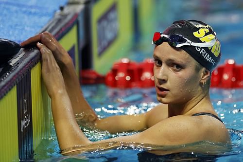 Katie Grimes reacts after competing in the Women's 800m Freestyle Final at the Phillips 66 National Championships at Indiana University Natatorium in Indianapolis, Indiana