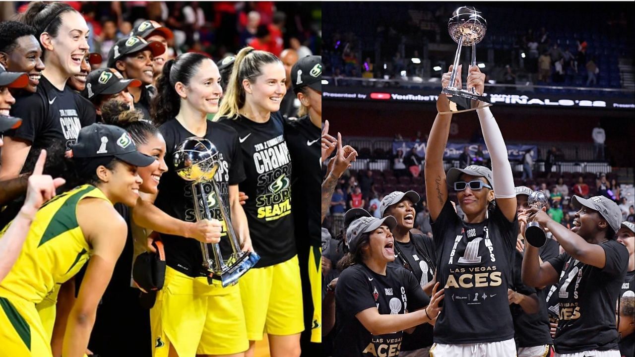 Seattle Storm (L) with their third title and 2022 champions Las Vegas Aces 