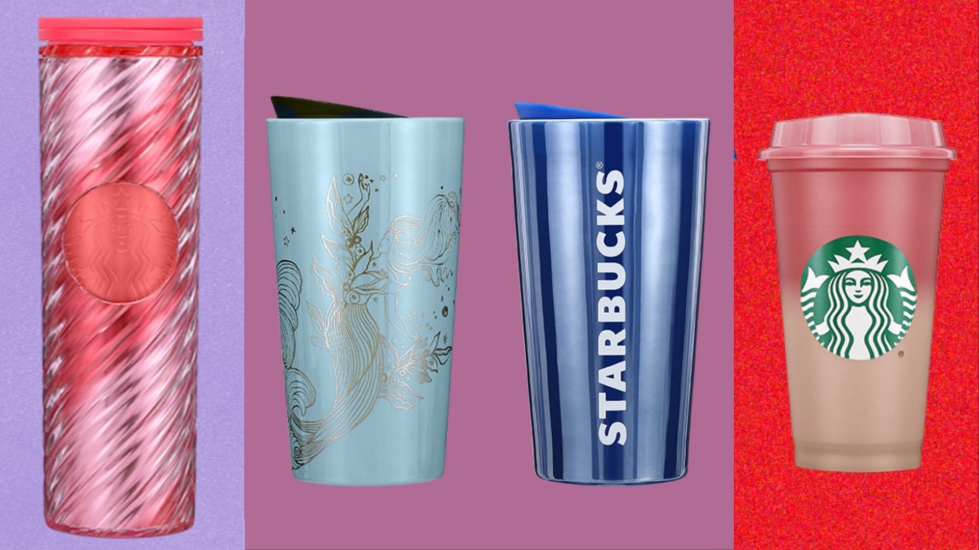 Icicle Blue Tumbler, Iridescent Siren Cold Cup, Winter Night Tumbler, Ribbon Tumblers, and Color Changing Hot Cup Set (Image via Starbucks)
