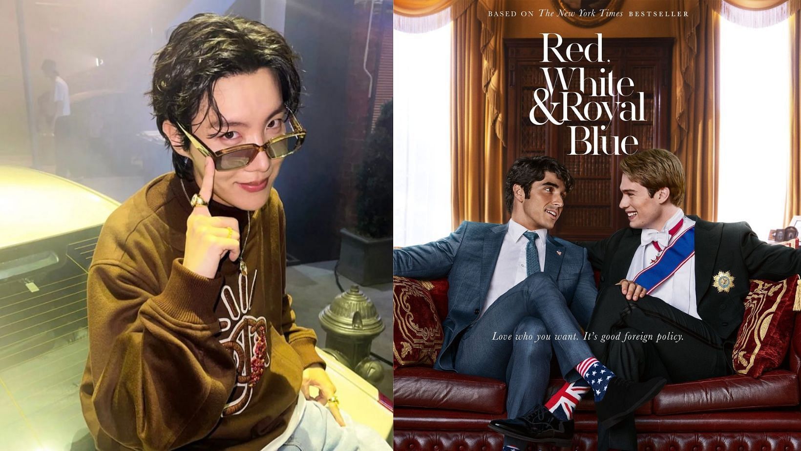 Featuring BTS J-Hope (L) and the poster of the fil Red, White &amp; Royal Blue. (Images via Twitter/@koosjunie and @autiacorart)