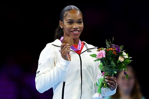 Bronze medalist Shilese Jones poses for a photo during the medal ceremony for the Women's Uneven Bars Final at the 2023 World Artistic Gymnastics Championships at Antwerp Sportpaleis in Antwerp, Belgium.