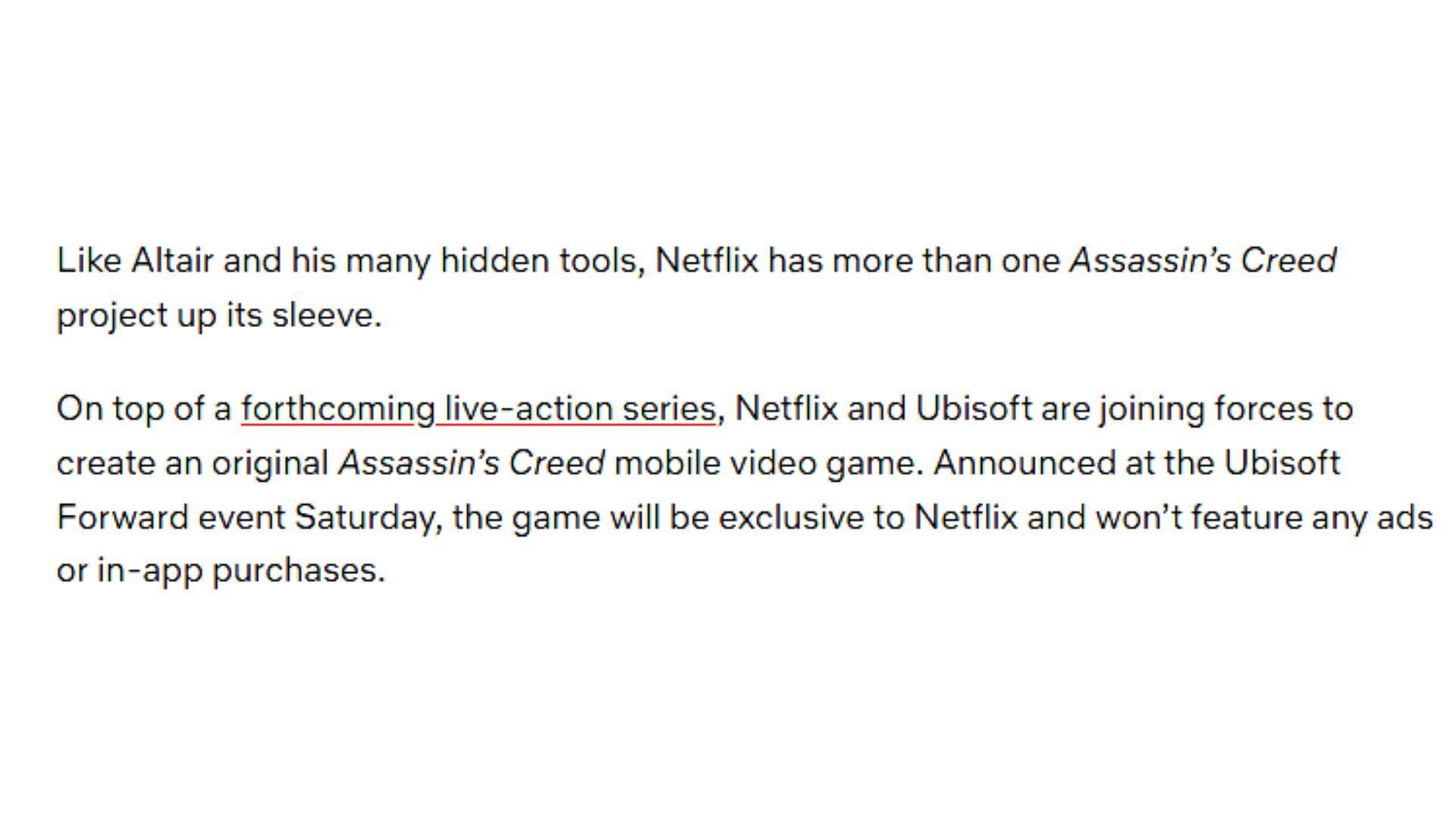 Netlfix announcing an Assassin&#039;s Creed mobile game (Image via Netflix.com)