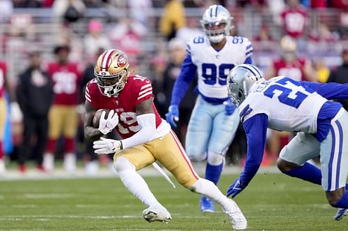 Deebo Samuel makes a reception during the NFC Divisional Playoffs - Dallas Cowboys v San Francisco 49ers