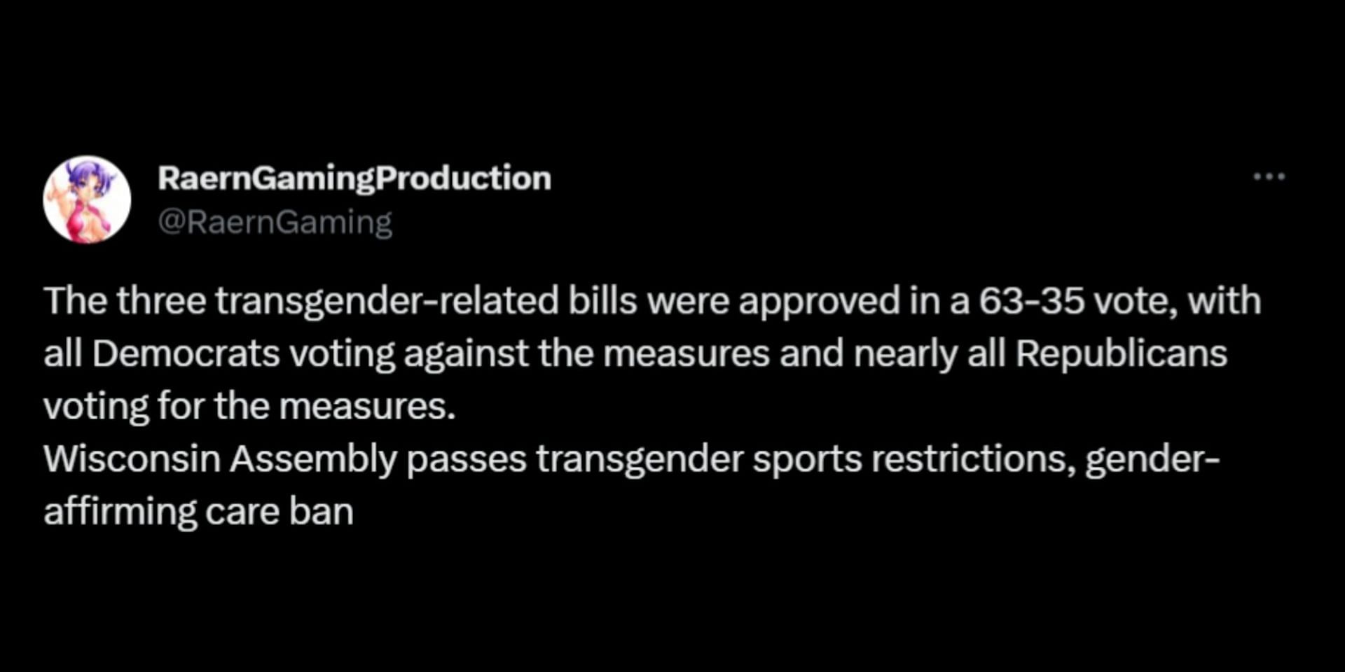 Wisconsin Assembly passed three bills limiting trans rights. (Image via X/@RaernGaming)