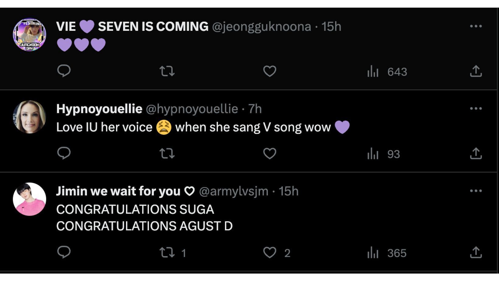 @jeongguknoona, @hypnoyouellie and @armylvsjm commented on Twitter about BTS&#039; Min Yoongi&#039;s achievement on a post by @Pk_bts_land