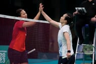 Jennie Gai greets Beiwen Zhang after the Badminton - Women's Singles Gold Medal Match at the 2023 Pan Am Games in Santiago, Chile.