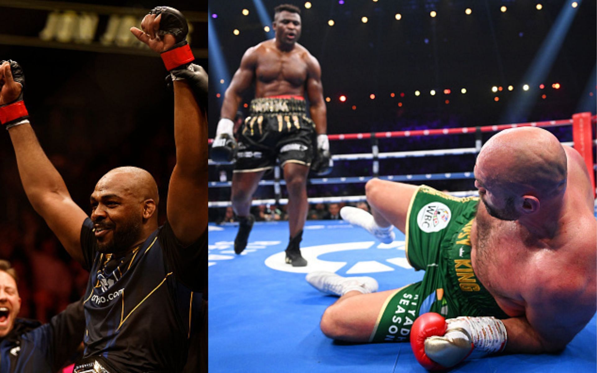 Jon Jones (left); Francis Ngannou and Tyson Fury (right)