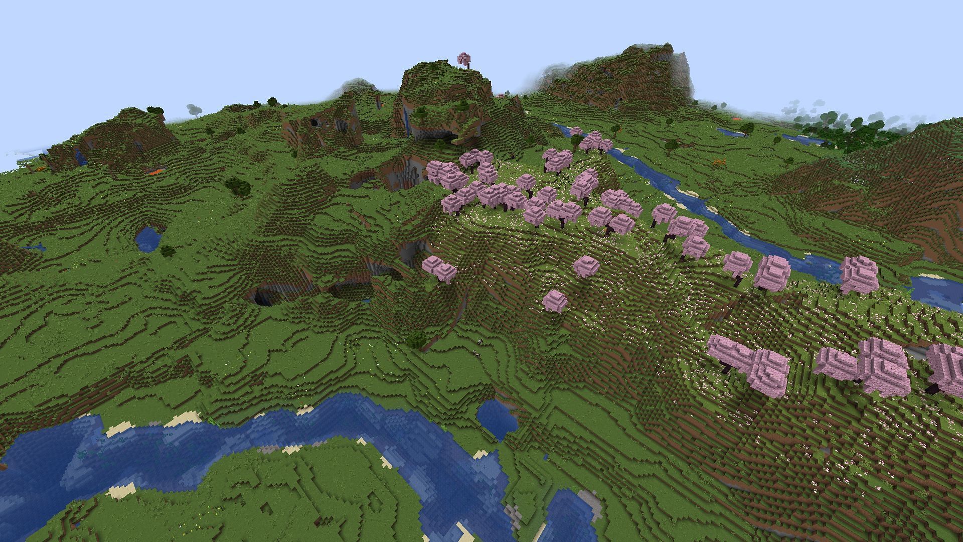 The hills and accompanying biomes in this seed&#039;s spawn can make for some interesting city builds (Image via Mojang)