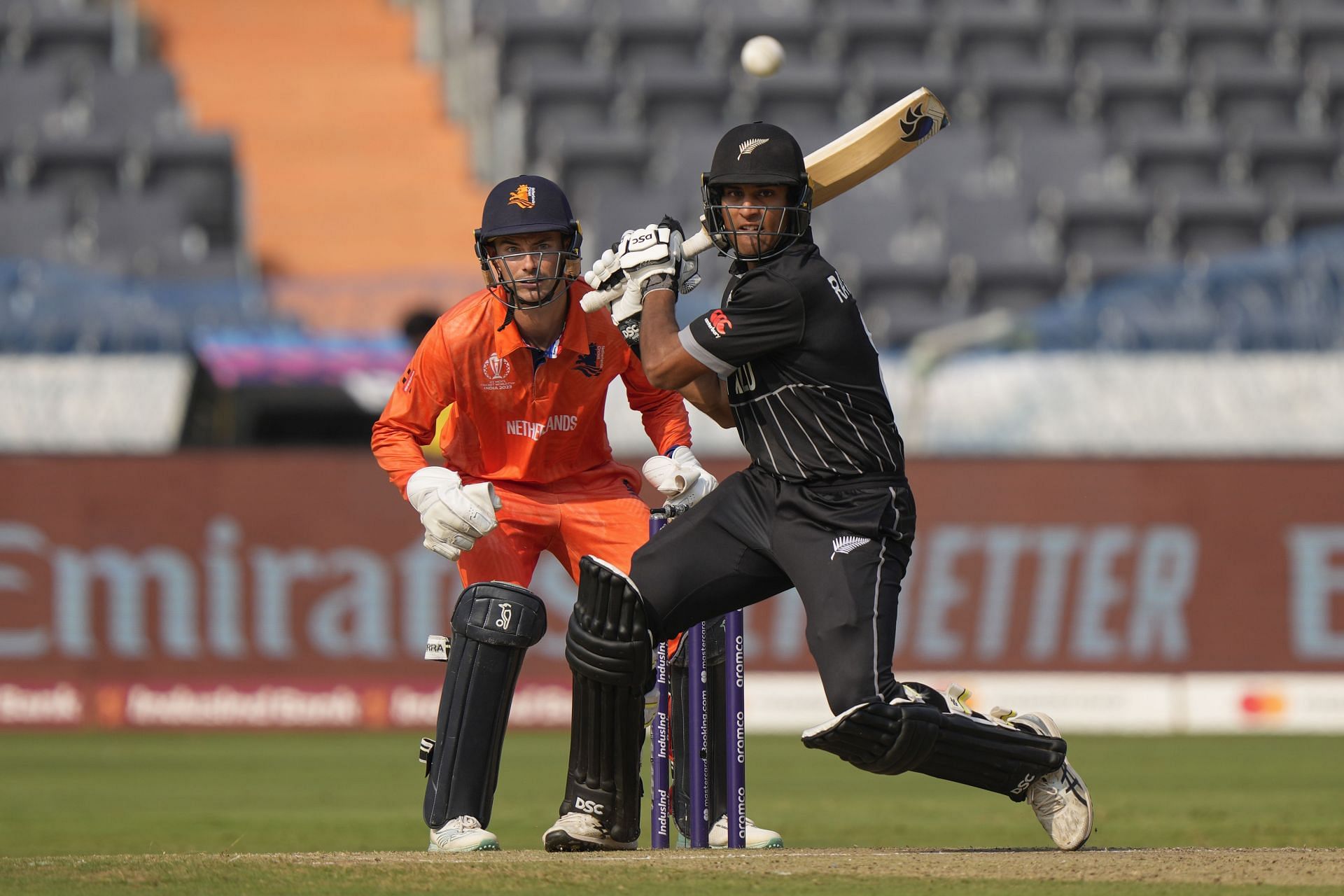 Rachin Ravindra struck three fours and a six during his 51-run knock against the Netherlands. [P/C: AP]