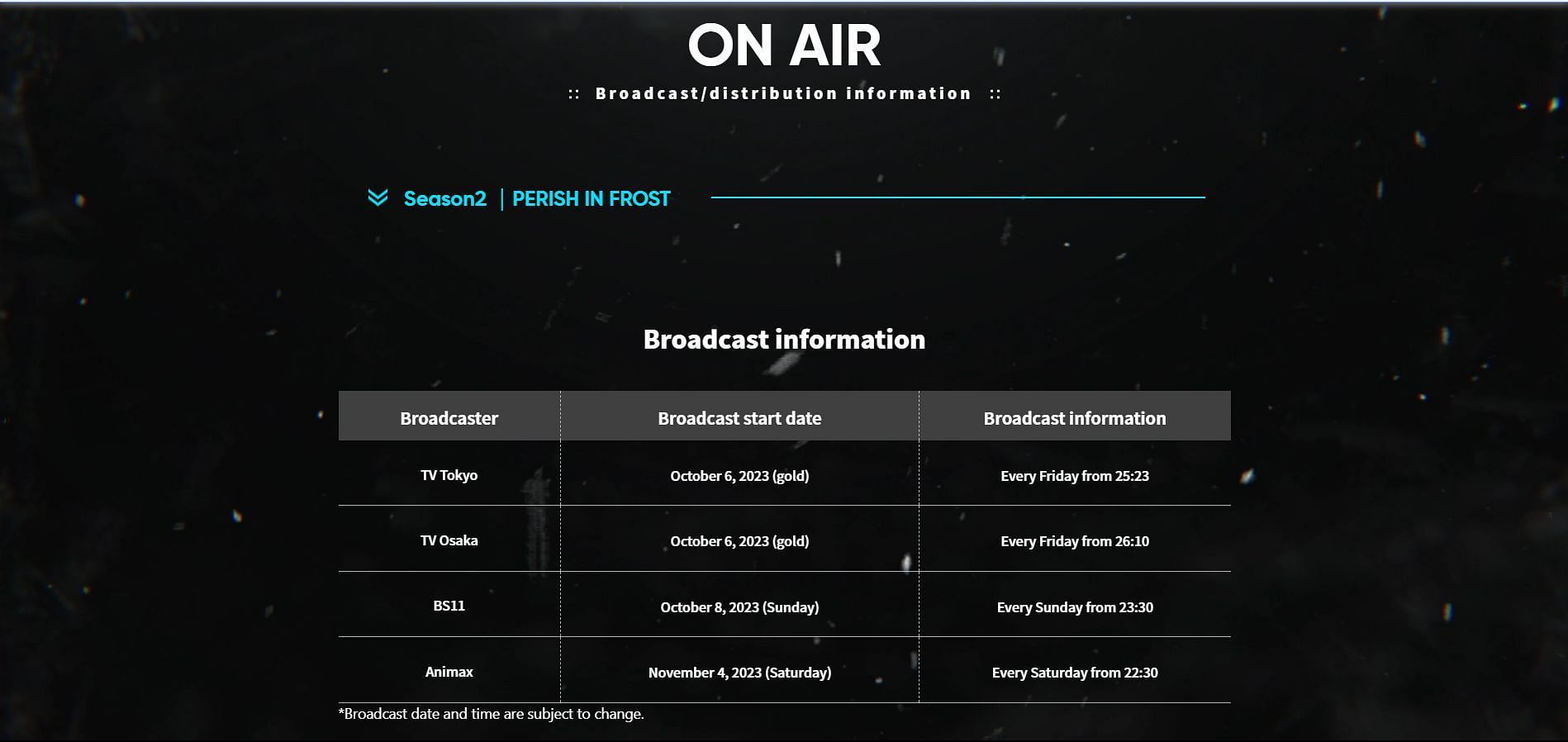 Screenshot from the official website containing broadcast information (Image via Arknights website)