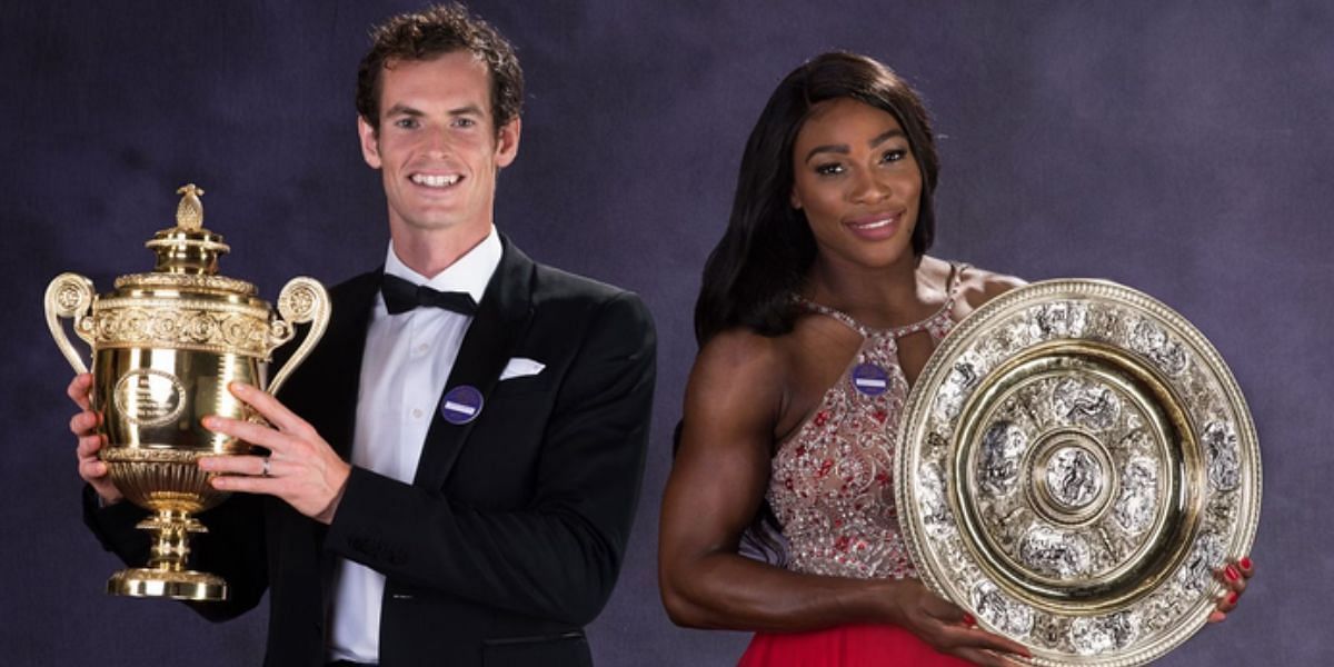 Serena Williams and Andy Murray pose after winning the 2016 Wimbledon Championships.