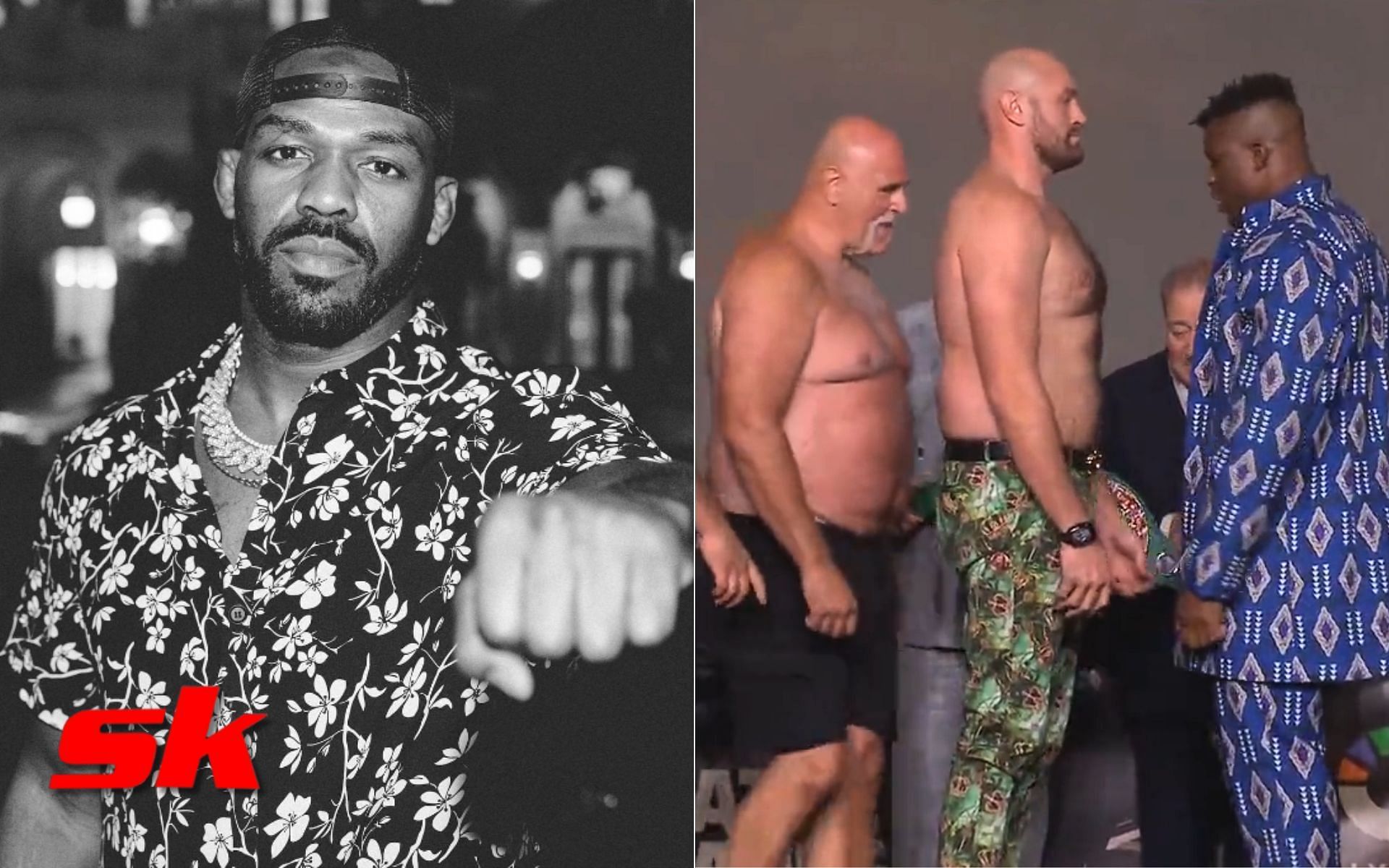Jon Jones (left - via @jonnybones), Tyson Fury vs. Francis Ngannou face-off (right - via @oscarwillis)