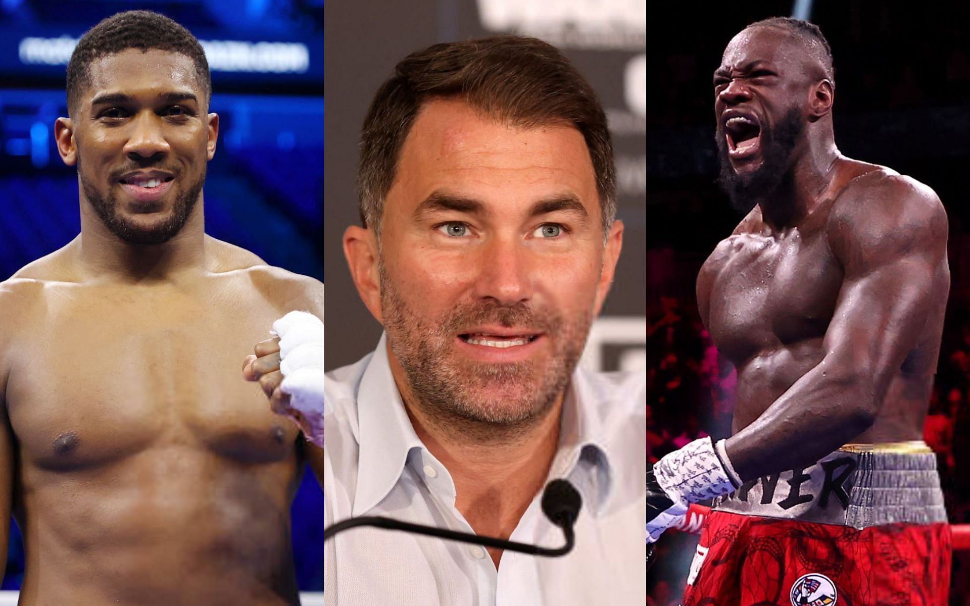 Anthony Joshua (left), Eddie Hearn (middle) and Deontay Wilder (right) [Images Courtesy: @GettyImages]