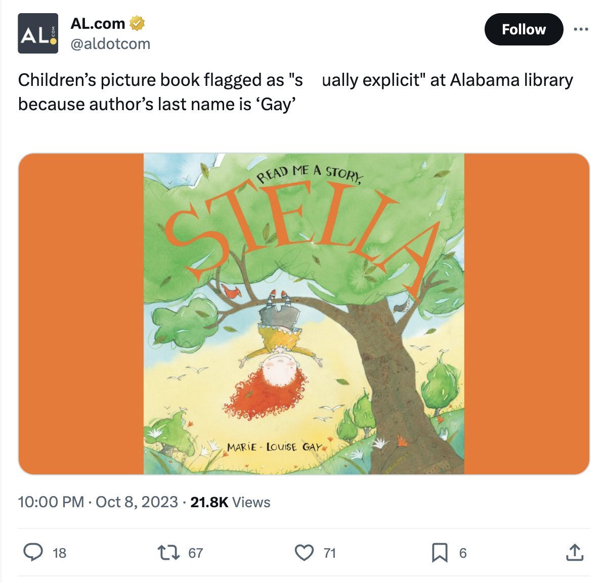 Read Me a Story, Stella was flagged by an Alabama public library system due to the last name of the author (Image via X)