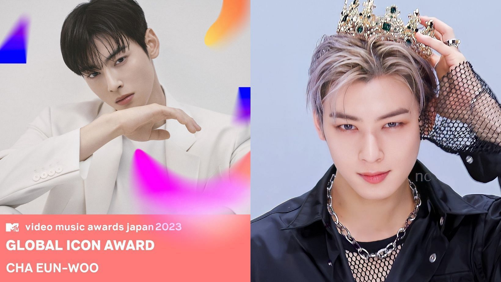 Cha Eunwoo becomes the first Asian artist to win the Global Icon Award at the 2023 MTV VMAs Japan. (Images via X/@TNg78778865 and @viraltakes)