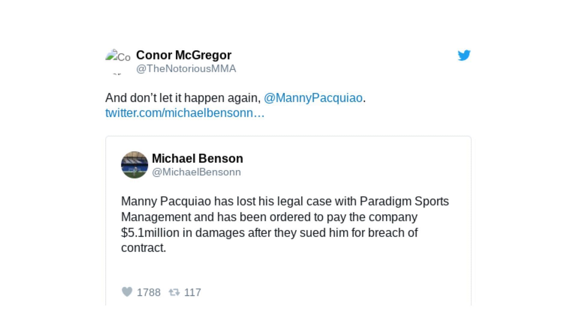 Conor McGregor's X post to Manny Pacquiao