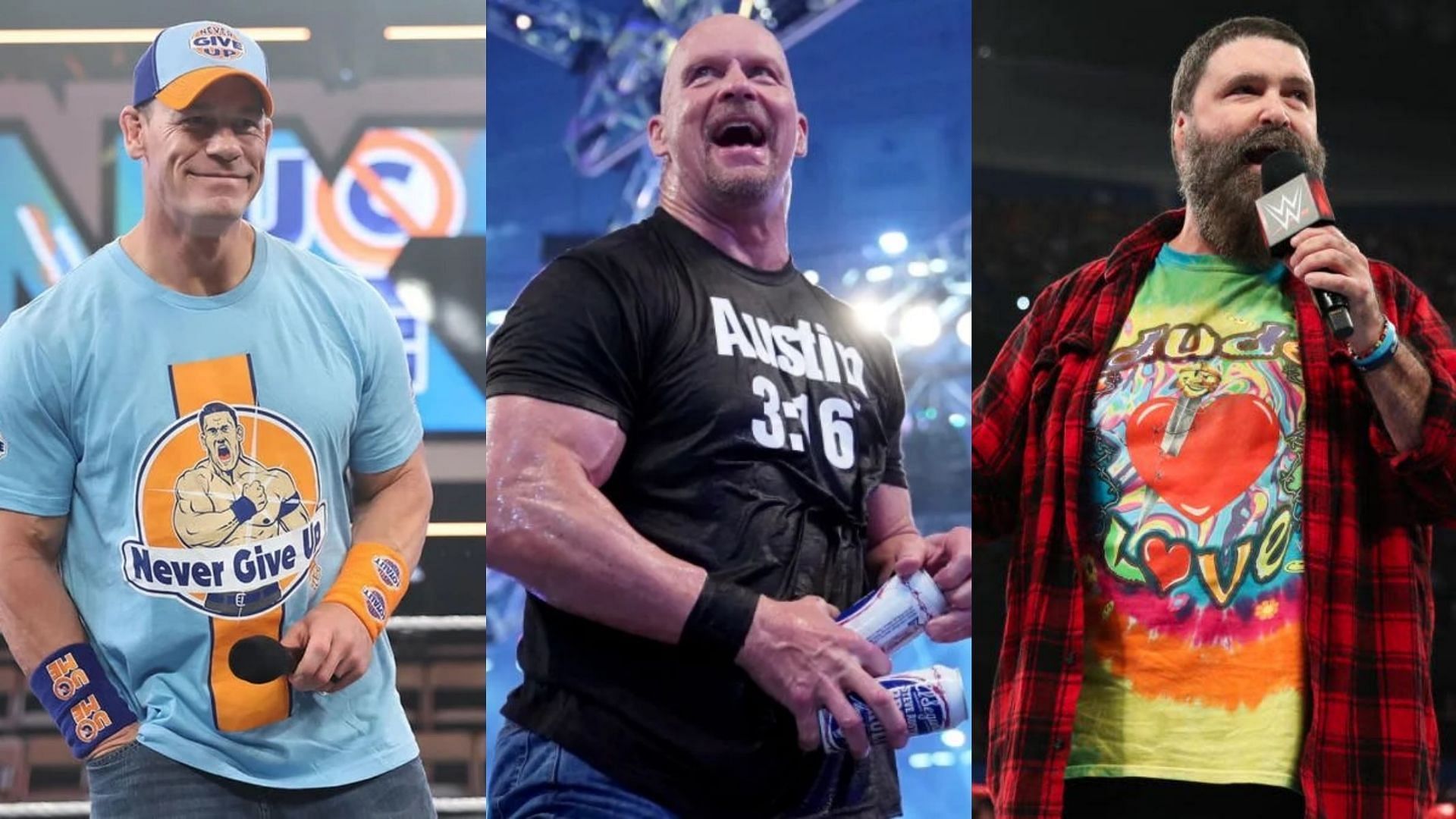 John Cena (left), Stone Cold Steve Austin (center) and Mick Foley (right).