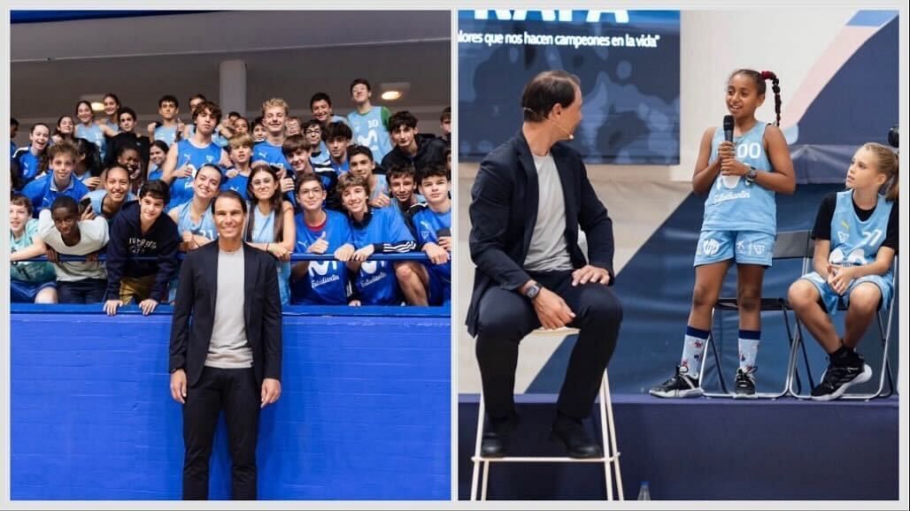 Rafael Nadal delivers a motivational speech at the Movistar Academy Magari&ntilde;os, in Madrid.