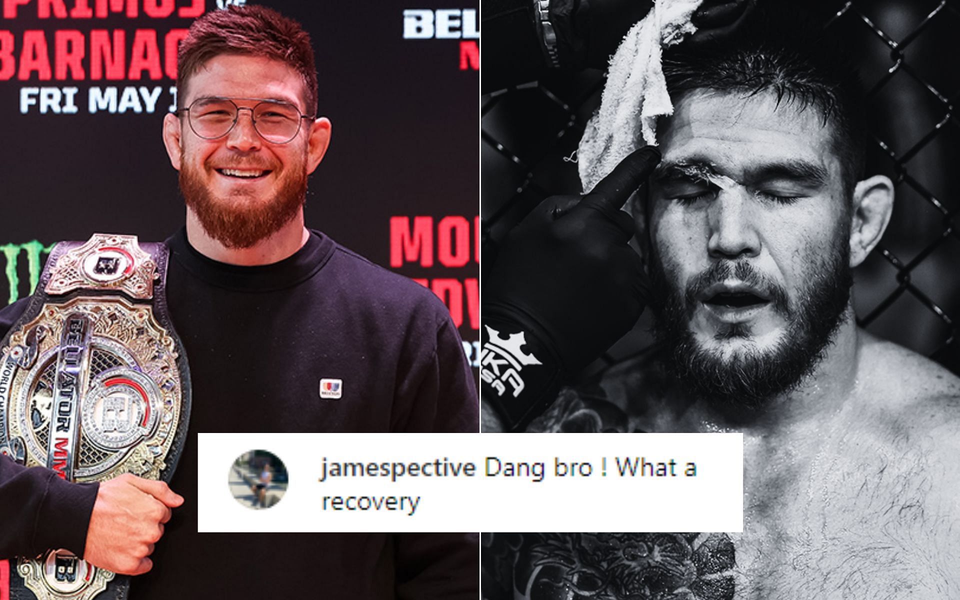 Johnny Eblen [Left], Instagram comment, and Johnny Eblen at Bellator 299 [Right] [Photo credit: Lucas Noonan/Bellator MMA]