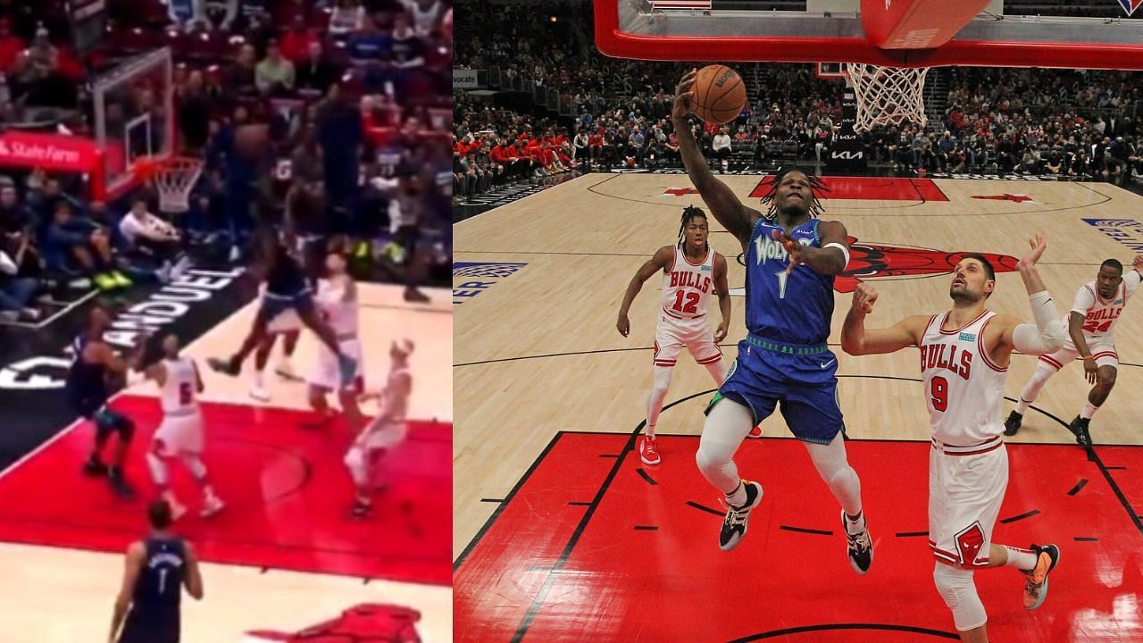 Anthony Edwards soars high over the Chicago Bulls defense for an emphatic slam.