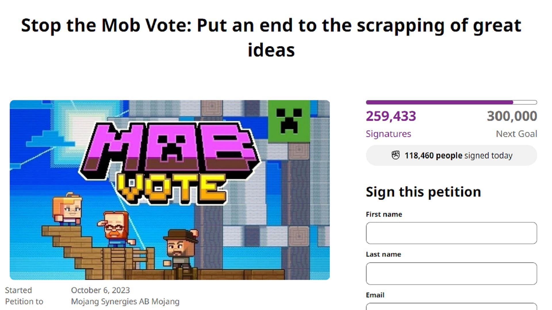 The Minecraft Mob Vote Revolution&#039;s primary petition has accrued over 200,000 signatures (Image via Change.org)