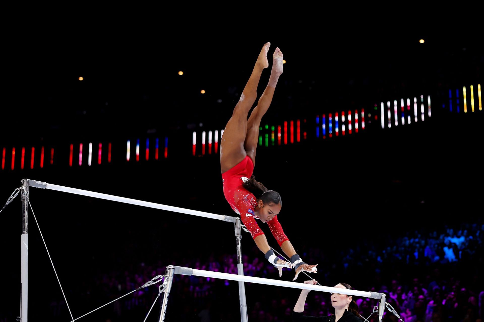 Shilese Jones competes during the Women&#039;s Uneven Bars Final at the 2023 Artistic Gymnastics World Championships at Antwerp Sportpaleis in Antwerp, Belgium.