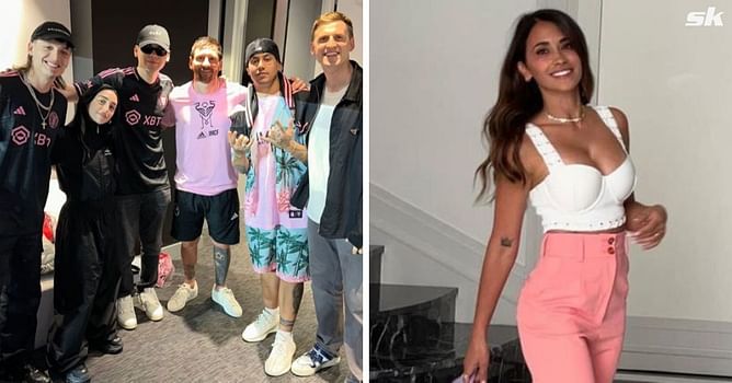 Antonela Roccuzzo reacts as Lionel Messi is photographed with Argentinian rapper Nicki Nicole in Miami