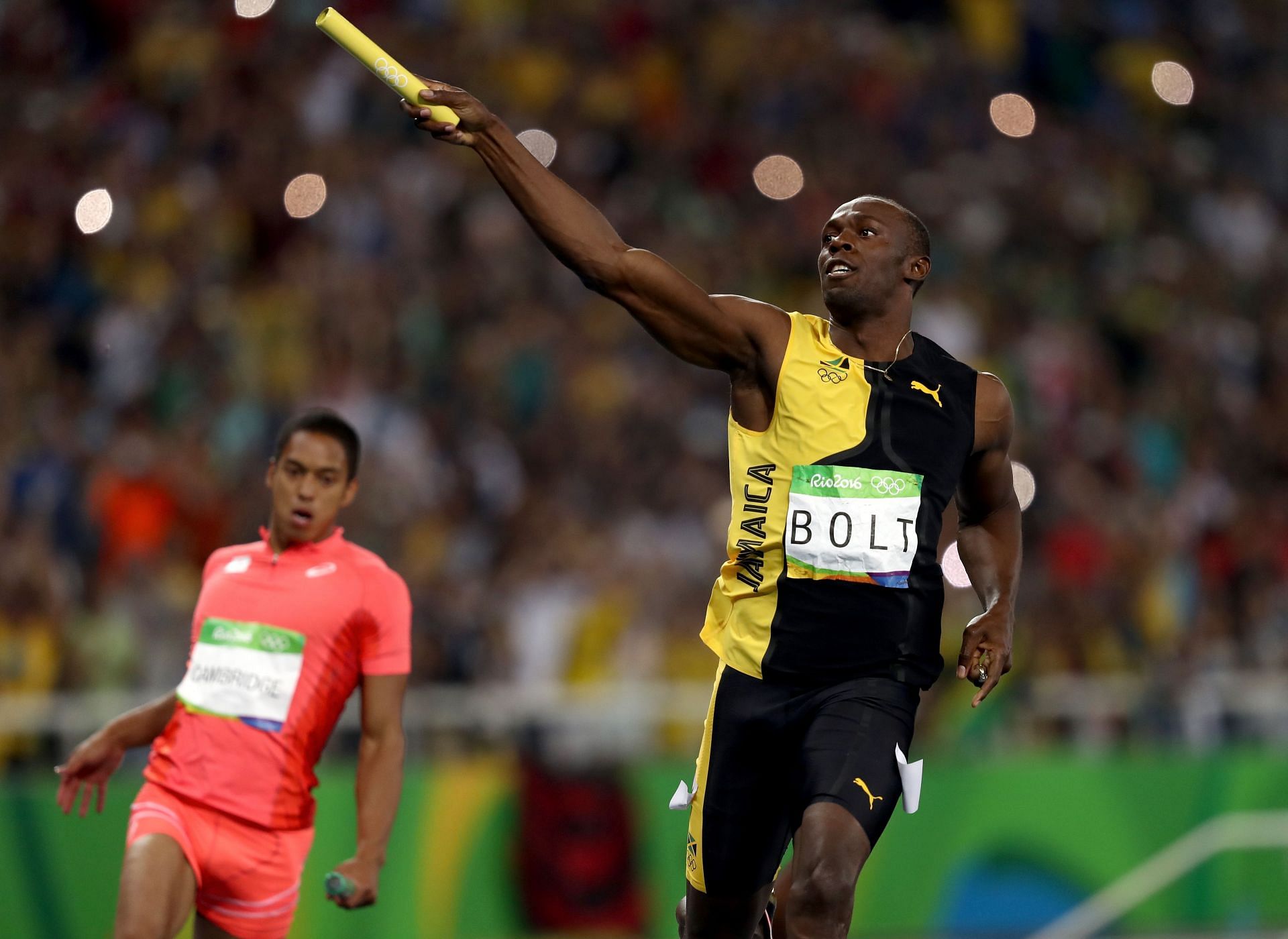 Usain Bolt of Jamaica celebrates after winning the Men&#039;s 4 x 100m Relay Final at the Rio 2016 Olympic Games at the Olympic Stadium in Rio de Janeiro, Brazil.