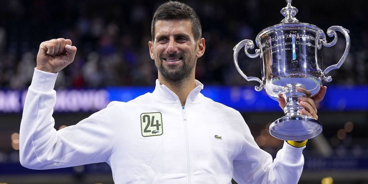 Novak Djokovic pictured with his 2023 US Open trophy