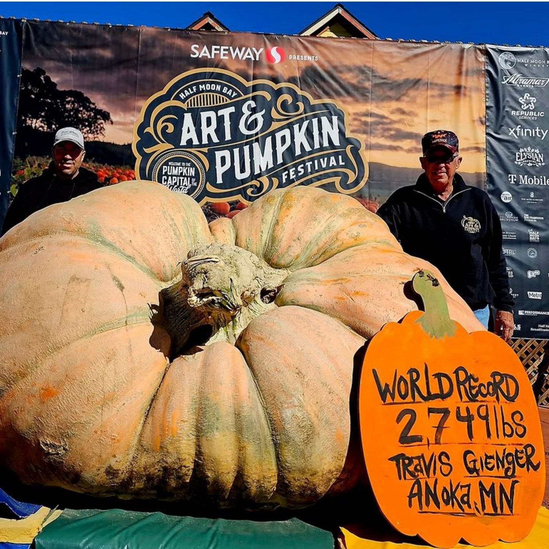 Travis Gienger, with his pumpkin "Michael Jordan," set a new Guinness record for the heaviest pumpkin. (via Instagram)