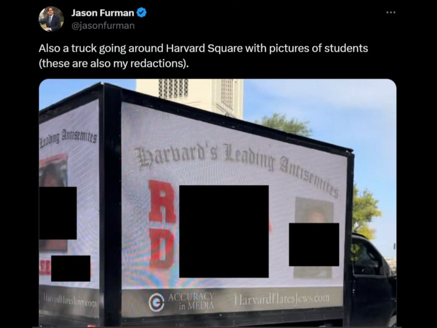 Truck revealing details of Pro-Palestine organizations&#039; members at the university. (Image via X/Jason Furman)