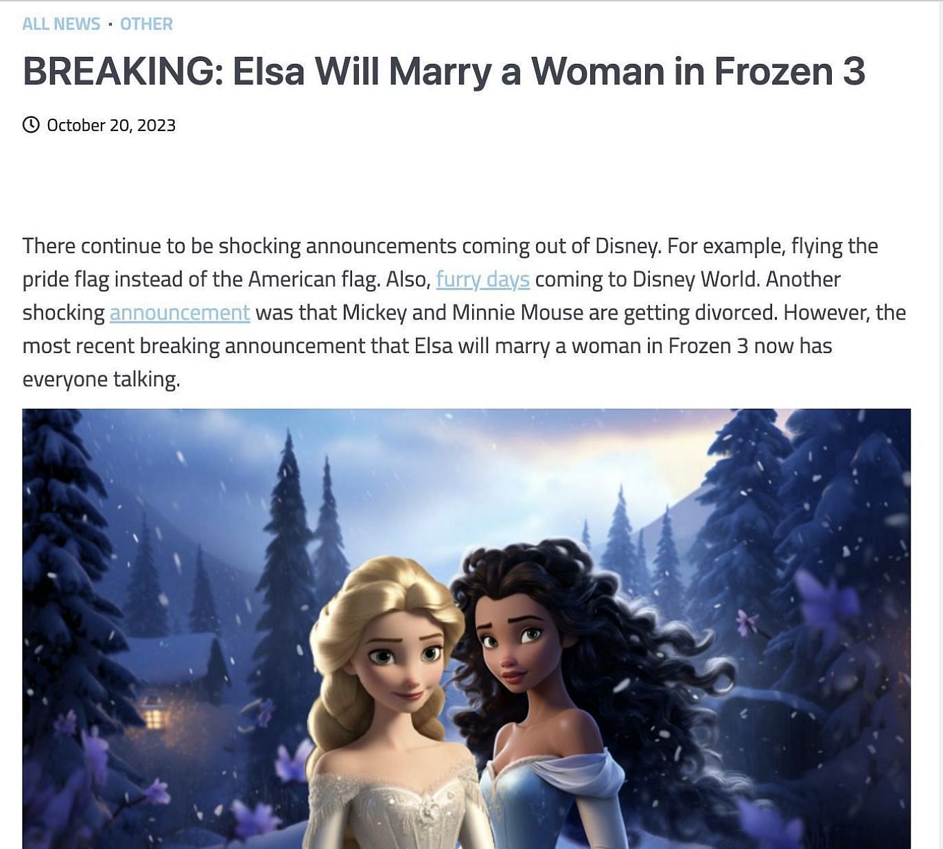Website published a fake article claiming that the main character in Frozen 3 will marry a woman: Fake news debunked. (Image via Mouse Trap News)
