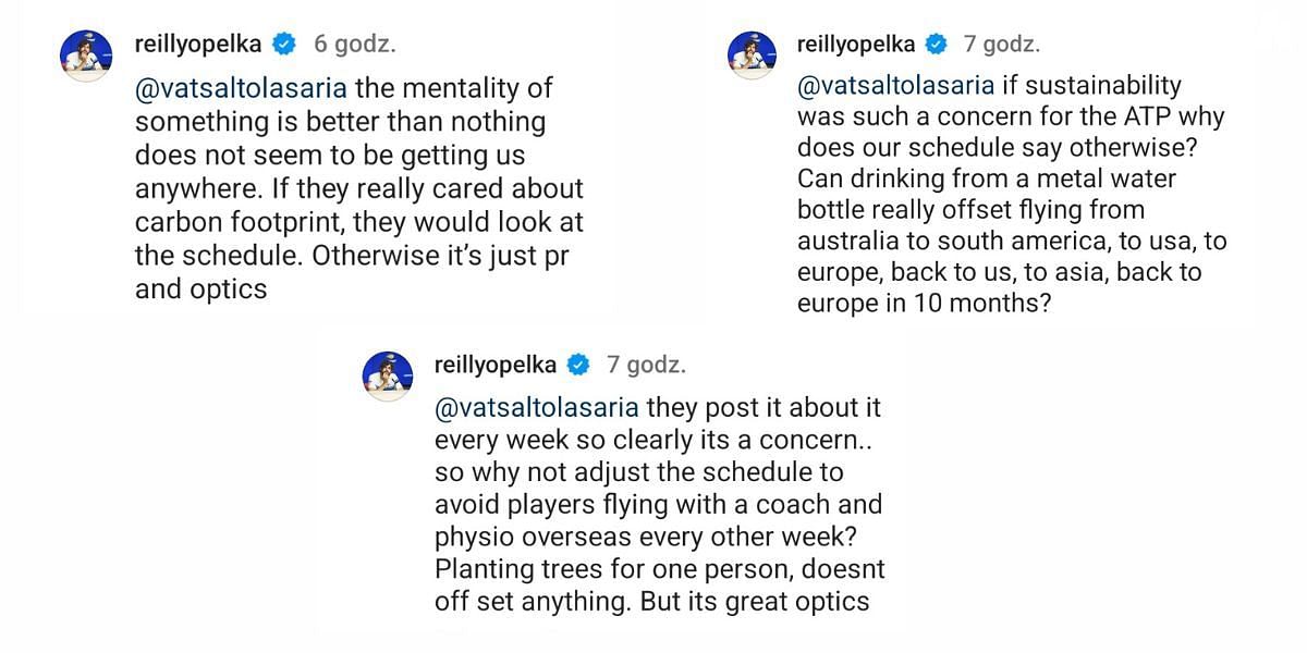 Screenshot of Reilly Opelka&#039;s Instagram comments