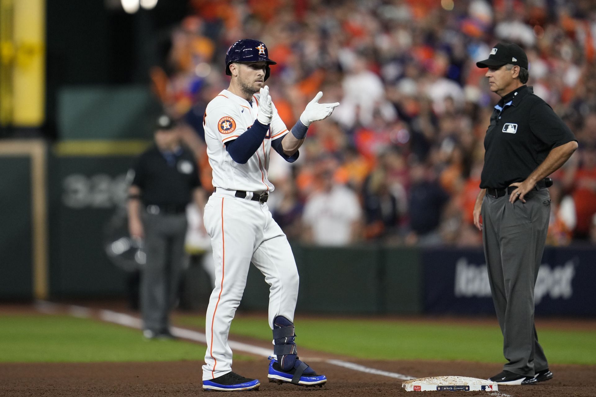 Alex Bregman reacts after his single during Game 1 of the AL Championship Series against the Texas Rangers