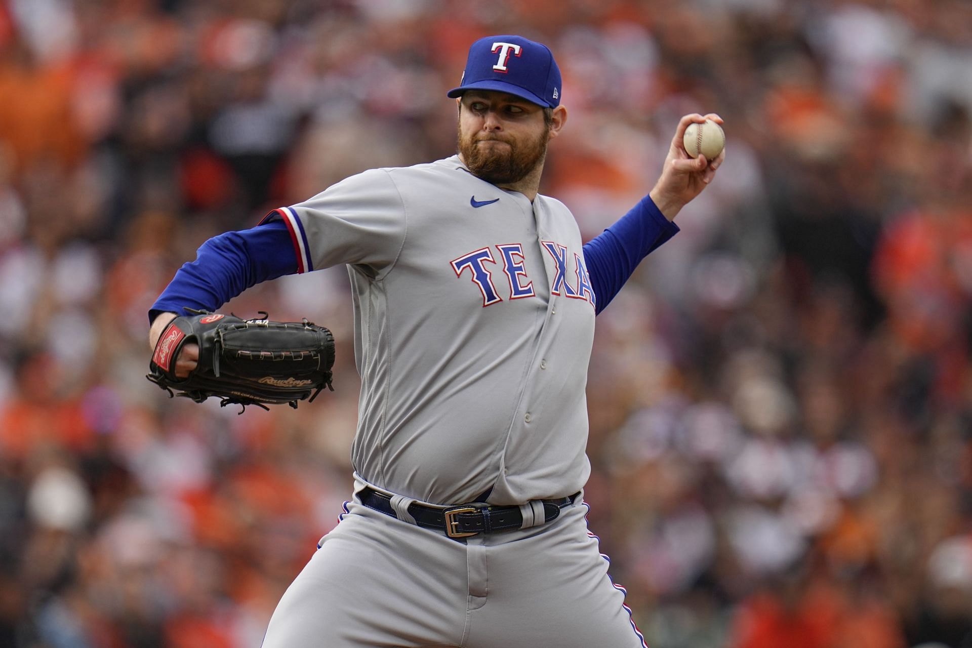 Texas Rangers pitcher Jordan Montgomery throws during Game 2 of an ALDS against the Baltimore Orioles