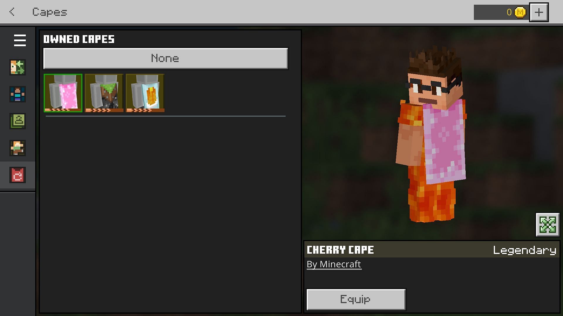 In the cape section of the dressing room in Minecraft Bedrock Edition, you might be able to find the cherry blossom cape (Image via Mojang)