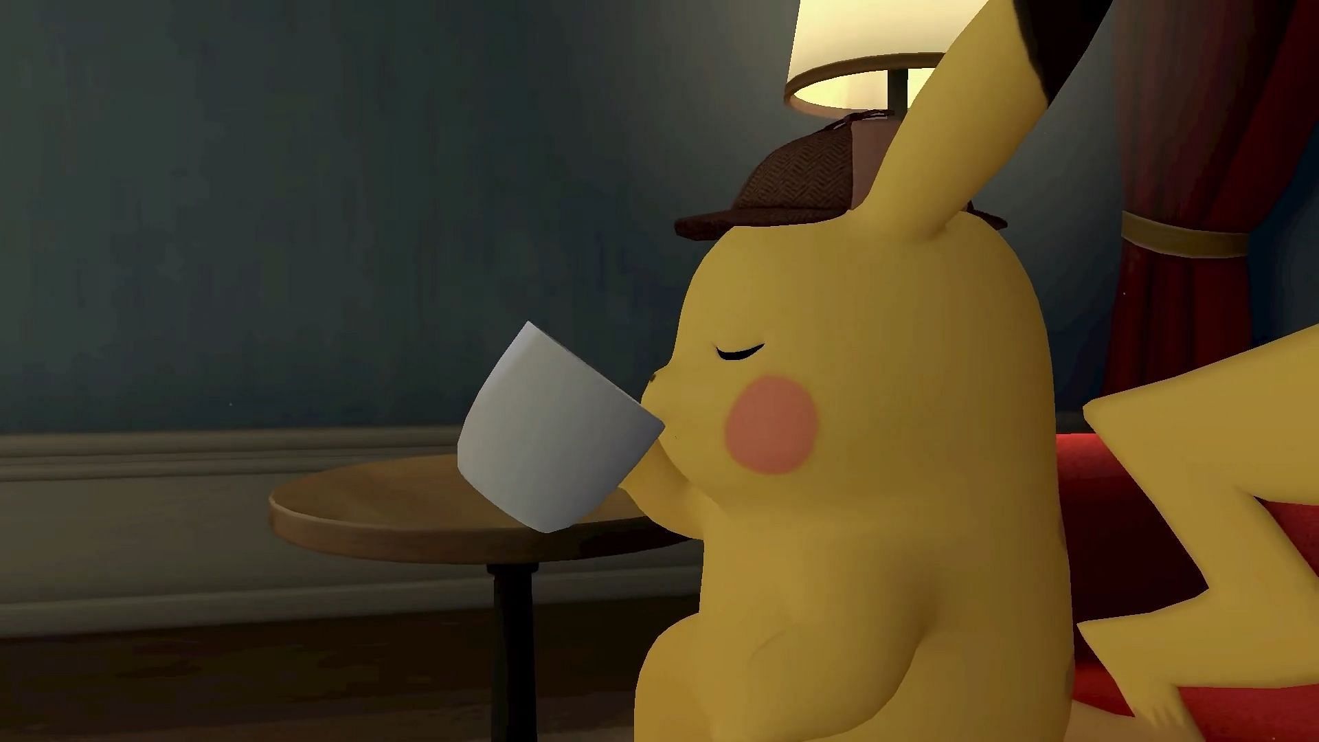 Detective Pikachu takes a sip of a warm drink in Detective Pikachu Returns.