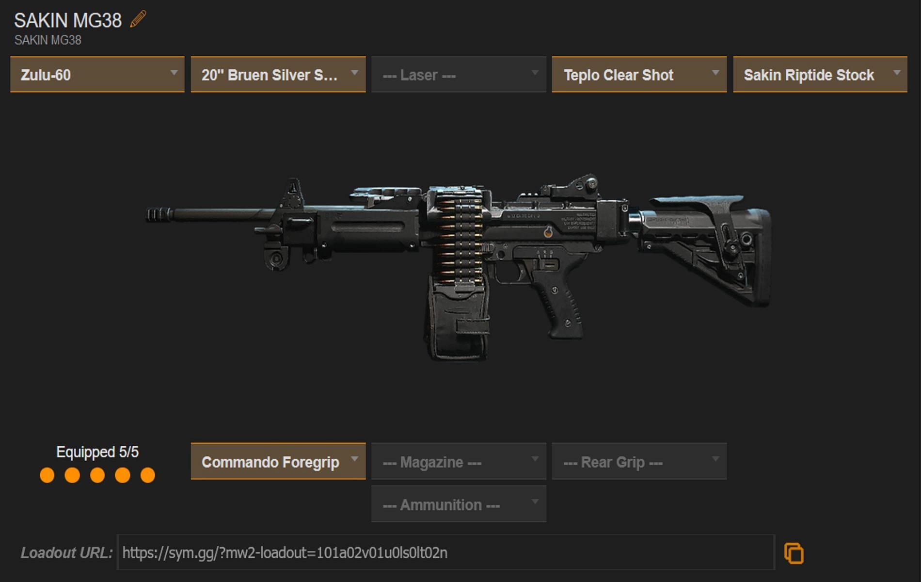 Sakin MG38 loadout for Warzone 2 The Haunting (Image via sym.gg)