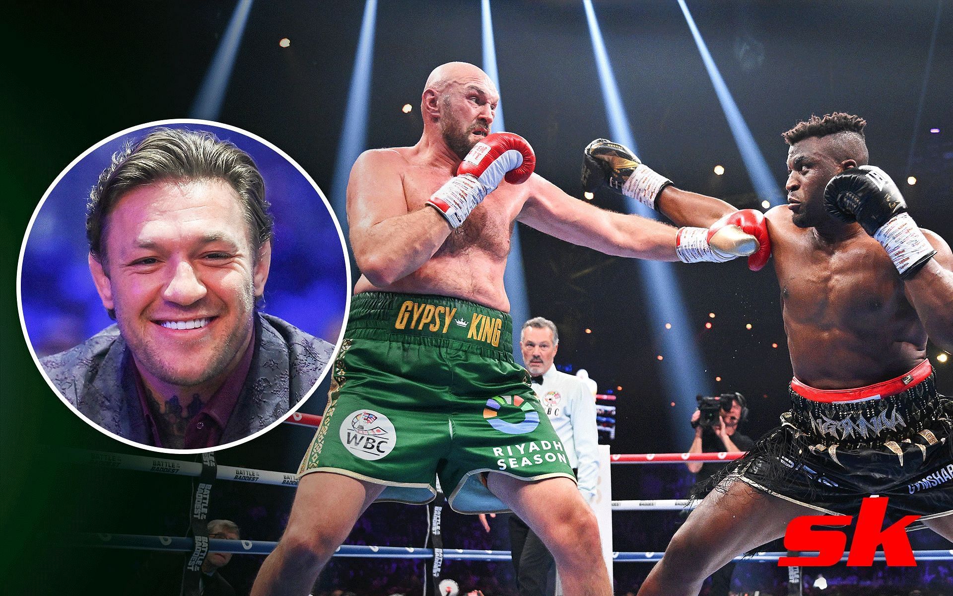 Tyson Fury and Francis Ngannou during their fight and Conor McGregor (inset) (Images via Getty)